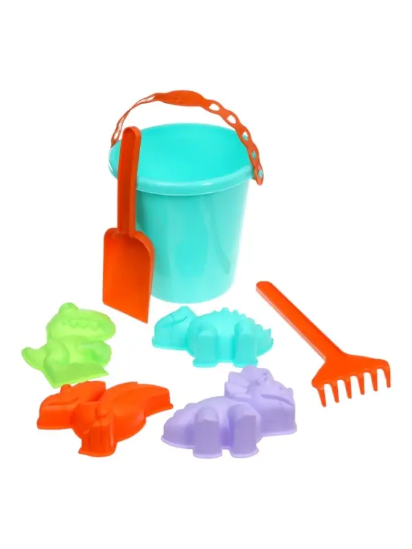 Набор для игры в песке (Ведро 1л, 4 формочки динозавры, грабельки и лопатка)