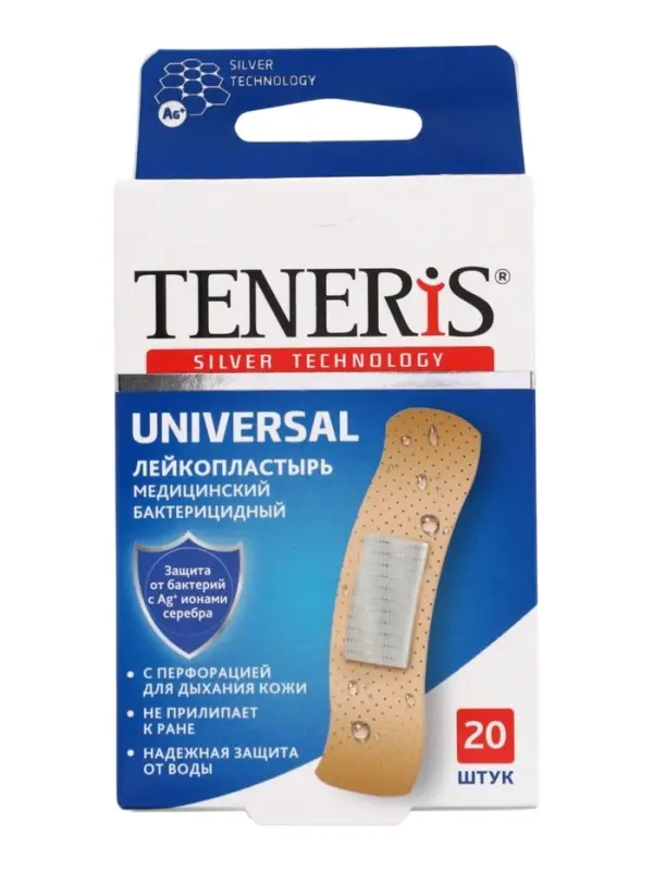 Лейкопластырь медицинский бактерицидный TENERIS Universal, полимерная основа, 7.6&times;1.9 см, 20 шт.