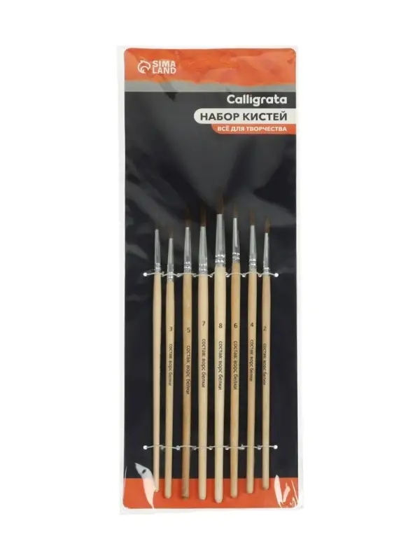 Набор кистей для рисования, белка, 8 штук: № 1, 2, 3, 4, 5, 6, 7, 8, круглые, деревянная ручка, международный размер