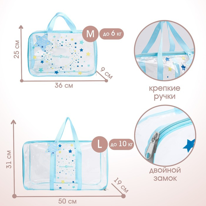 Сумка в роддом с косметичкой «Звёзды», набор 2 шт., 50х31/36х25, цвет прозрачный/голубой, Mum&Baby Сумка в роддом с косметичкой «Звёзды», набор 2 шт., 50х31/36х25, цвет прозрачный/голубой, Mum&Baby
