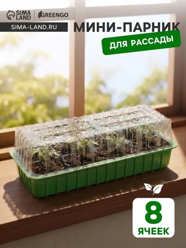 Мини-парник для рассады, 40&times;16&times;13 см, 2 вставки, 8 ячеек, зелёный, Greengo