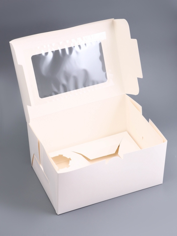 Коробка для 2 капкейка и торт, белая, 25,4 х 18 х 12,7 см, кондитерская упаковка