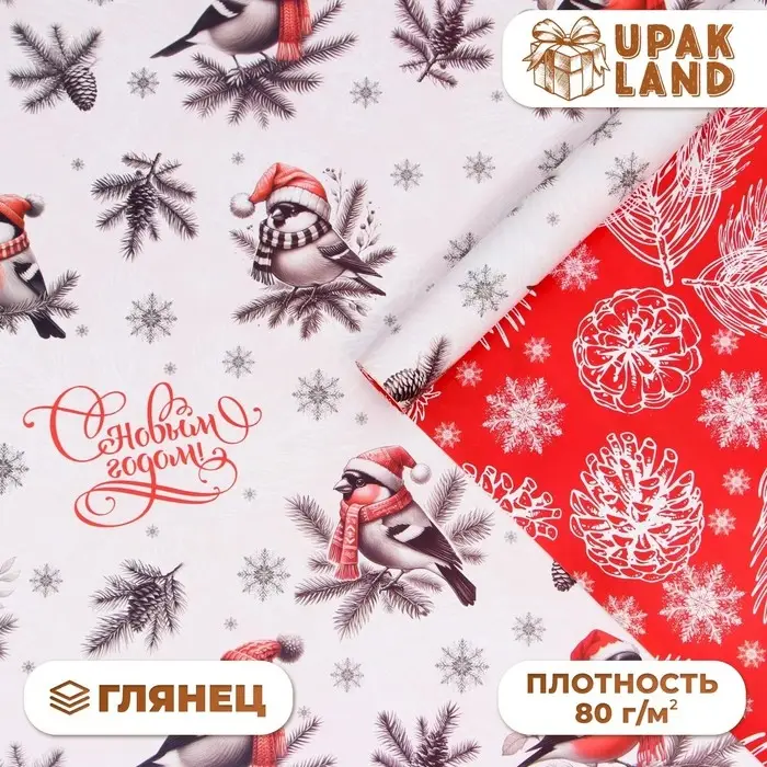 Бумага упаковочная «Снегири», глянец, двусторонняя, 80 г/м² , 70×100 см