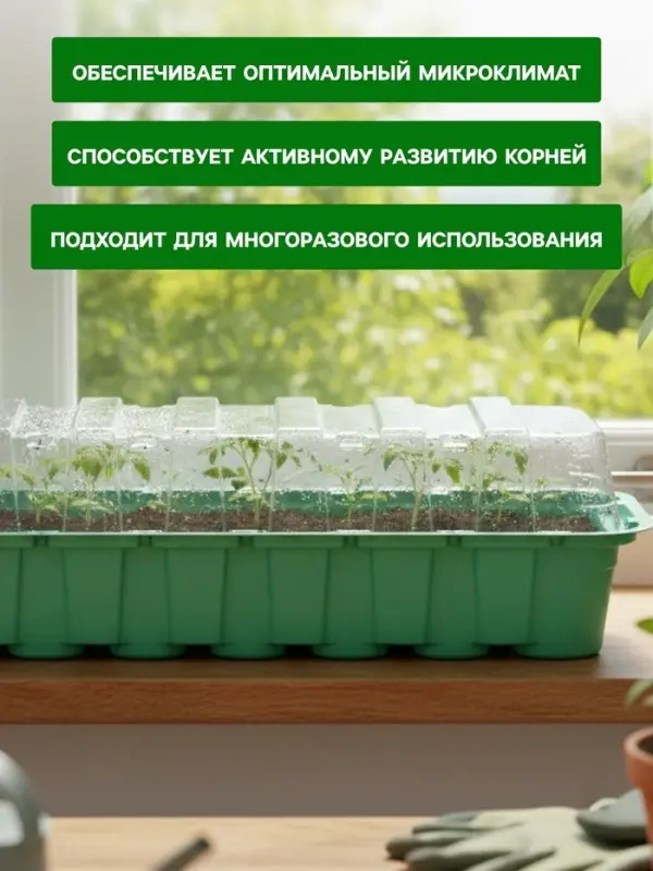 Мини - парник для рассады, 35&times;13&times;11 см, 14 ячеек под таблетки для рассады d=4 см, пластик, Greengo