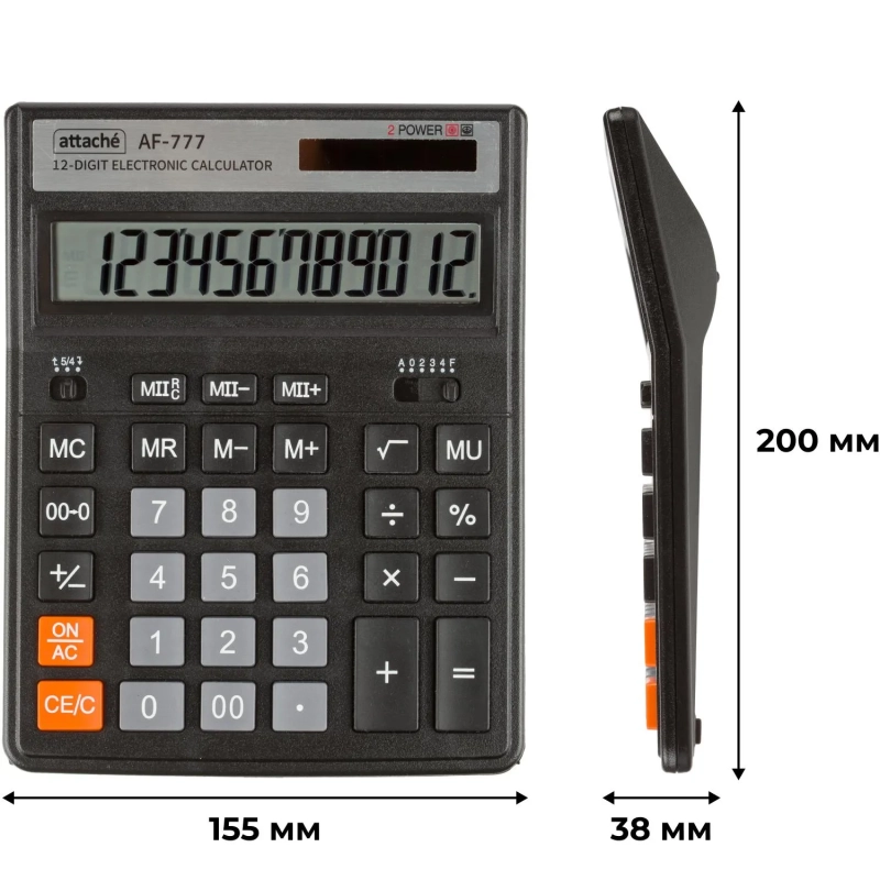 Калькулятор настольный ПОЛН/Р Attache AF-777,12р,дв.пит,200x155мм, черный