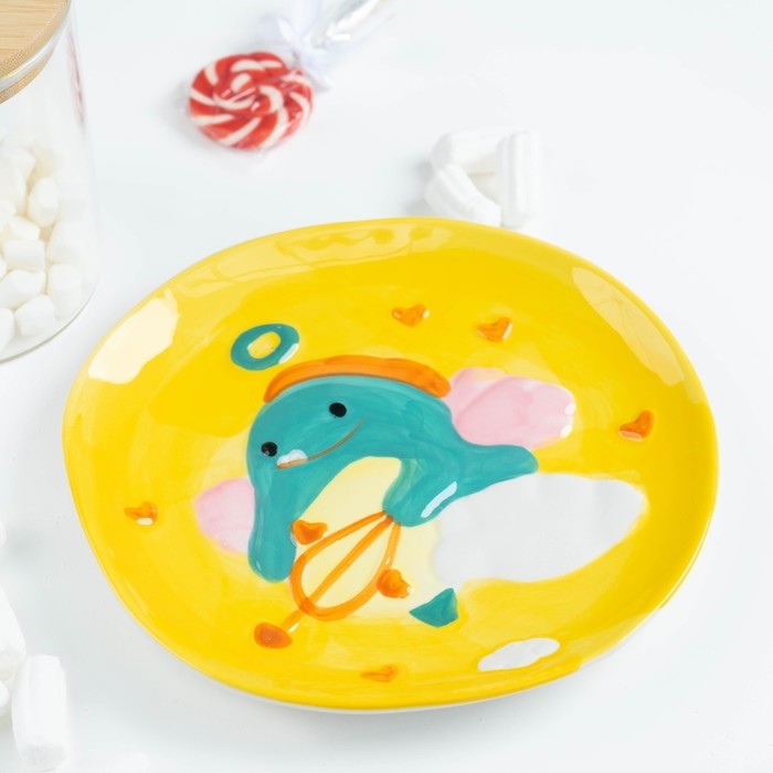 Тарелка керамическая «Купидон Дино», d=20,5 см, цвет жёлтый Тарелка керамическая «Купидон Дино», d=20,5 см, цвет жёлтый