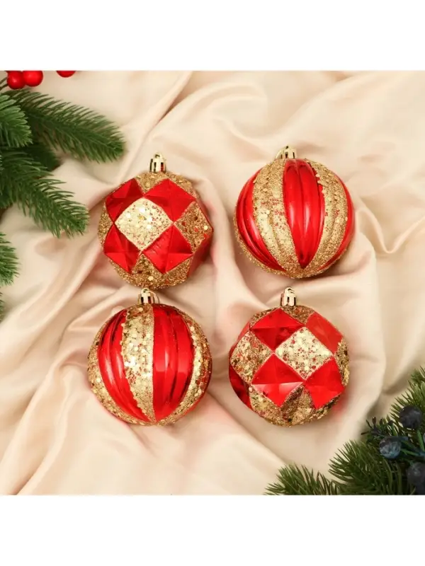 Ёлочные игрушки &laquo;Праздничный блеск&raquo;, d=8 см, набор 4 шт., красно-золотой