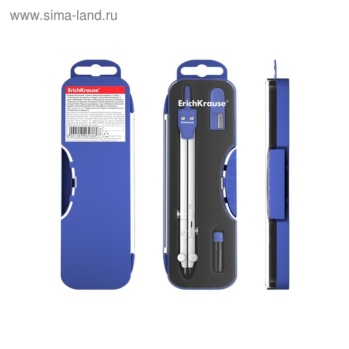 Готовальня Erich Krause University, 3 предмета, 155 мм, металлический циркуль с двумя сгибаемыми ножками и максимальным радиусом 25 см, точилка, сменный грифель, европодвес