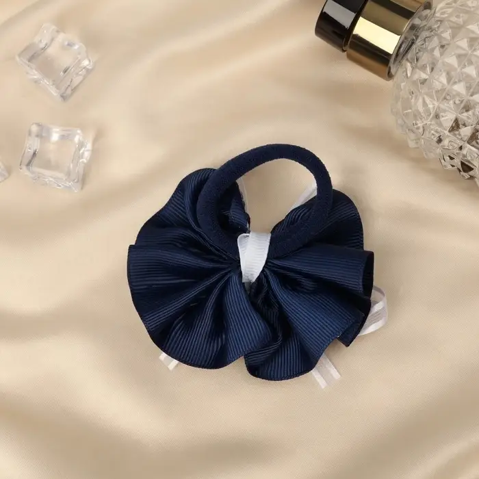 Бант для волос на резинке &laquo;Школьница&raquo;, горошек и прозрачная лента, d=7 см, бело-синий