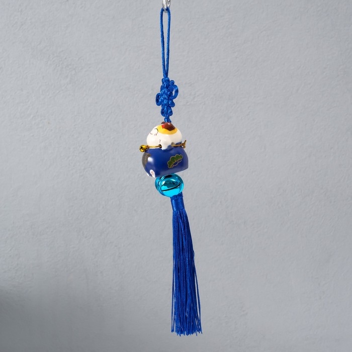 Подвеска керамика с бубенчиками "Манэки-нэко" синий 3,5х3,7х26 см