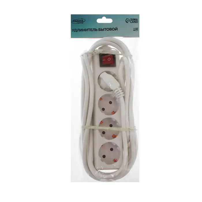 Удлинитель Luazon Lighting, 4 розетки, 5 м, 16 А, 3500 Вт, 3&times;1.5 мм2, с заземлением, с выключателем,