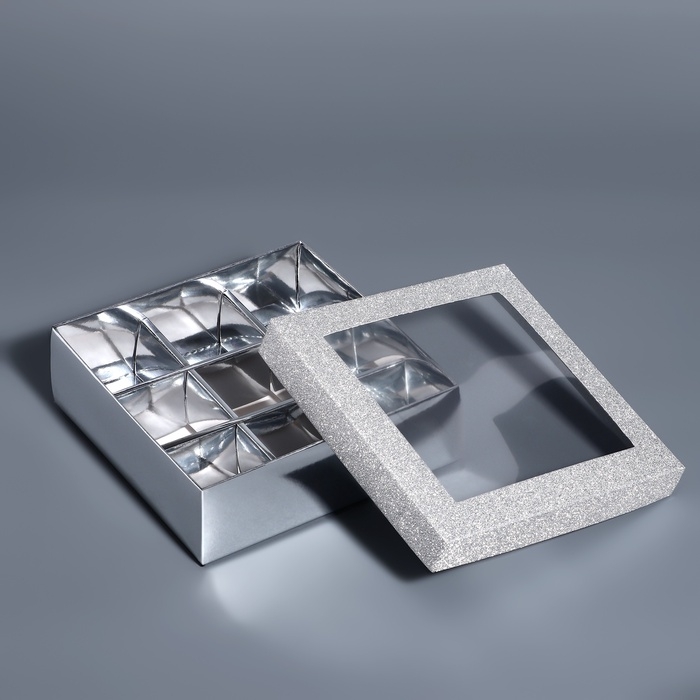 Коробка для 9 конфет серебро глиттер, 12,5 х 12,5 х 4 см. Кондитерская упаковка Коробка для 9 конфет серебро глиттер, 12,5 х 12,5 х 4 см. Кондитерская упаковка