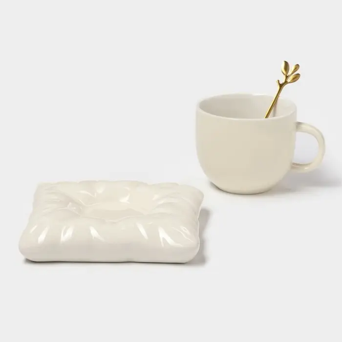 Чайная пара &laquo;Зефирка&raquo;, 3 предмета: чашка 250 мл, блюдце d=13.7 см, ложка, керамика, бежевая