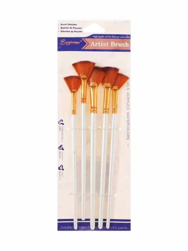 Набор кистей для рисования, синтетика, 5 штук: № 1/8, 3/8, 5/8, 1/2, 1/4, плоские, веерные, деревянная ручка, международный размер