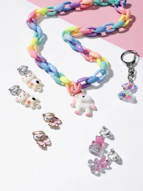 Набор детских украшений &laquo;Выбражулька. Сказка&raquo;, 5 предметов: цепочка единорог, 3 пары клипс, брелок мишка