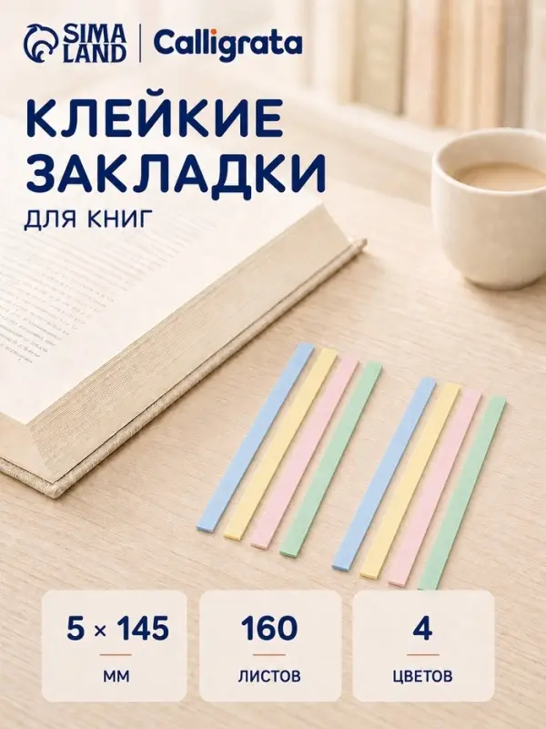 Блок-закладка с липким краем, 4 цвета, 8 блоков по 20 штук, 145&times;5 мм, пастельные, пластиковые