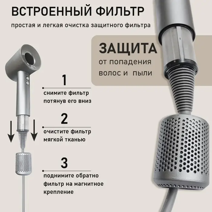 Фен WELLT A01 WELLAIR, 1600 Вт, 5 насадок, 3 скорости, 4 температурных режима, ионизация, серый