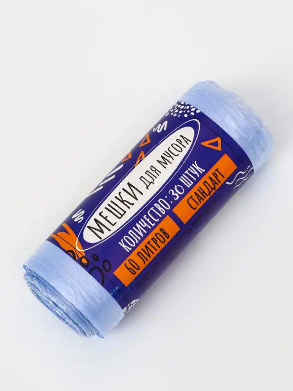 Мешки для мусора в рулоне UpakLand 60 л, голубые, ПНД, толщина 15 мкм, 30 шт.