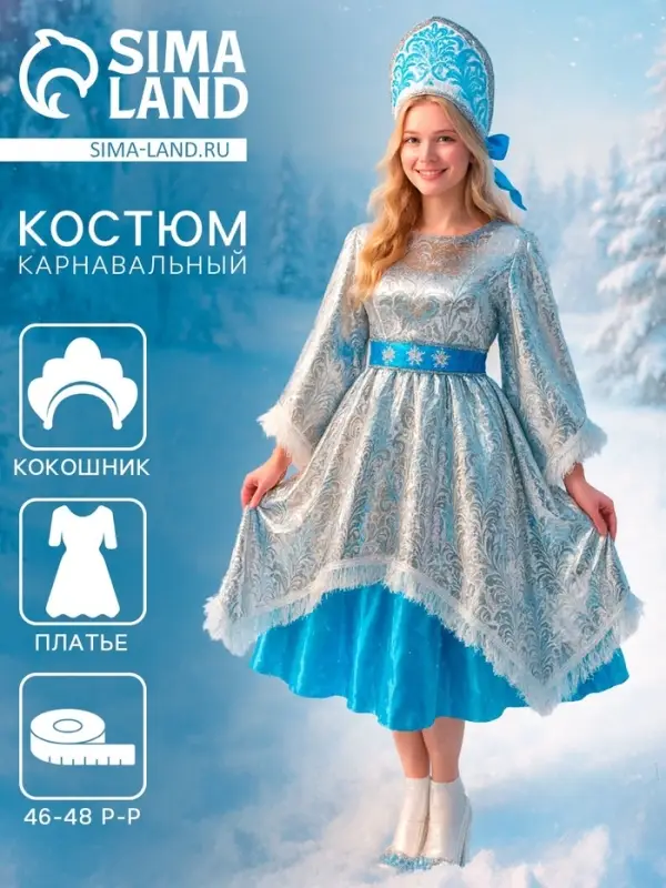 Карнавальный костюм «Зимушка», платье, кокошник, р. 46-48 Карнавальный костюм «Зимушка», платье, кокошник, р. 46-48
