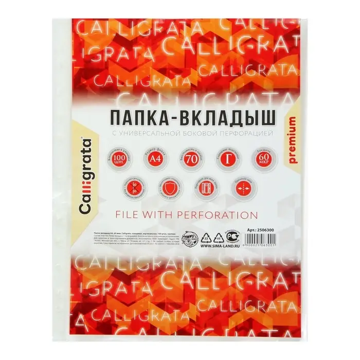 Файл - вкладыш Calligrata, А4, 60 мкм, плотный, глянцевый, вертикальный, 100 штук
