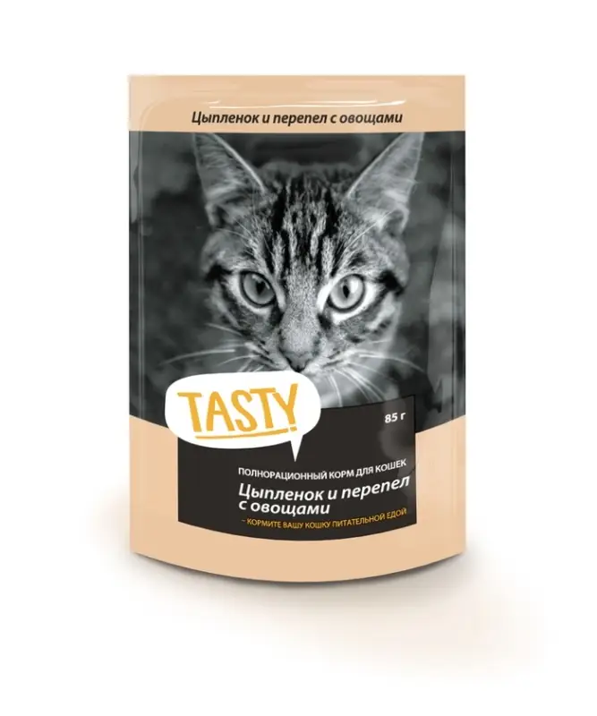 Tasty корм конс. д/кош. с цыпленком, перепелом и овощами в желе, пауч, 85 г Tasty корм конс. д/кош. с цыпленком, перепелом и овощами в желе, пауч, 85 г