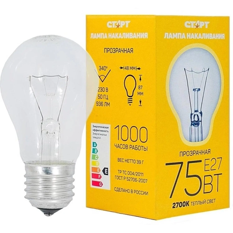 Лампа накаливания СТАРТ стандартная/прозрачная 75W E27