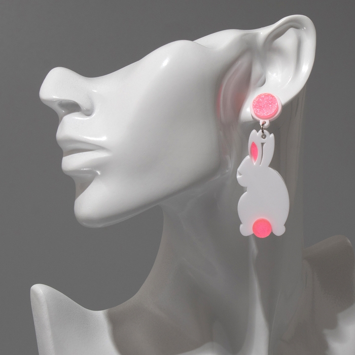Серьги акрил «Зайчики», цвет бело-розовый в серебре Серьги акрил «Зайчики», цвет бело-розовый в серебре