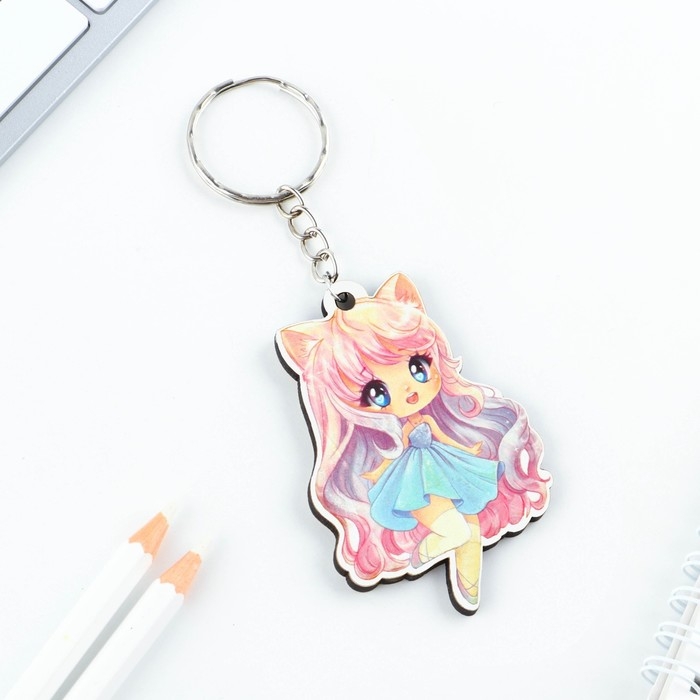 Брелок для ключей деревянный аниме  Брелок для ключей деревянный аниме "Девочка-котенок" 4 х 6 см