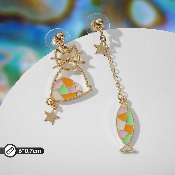 Серьги эмаль &laquo;Ночь&raquo; кот и рыбка, цветные в золоте