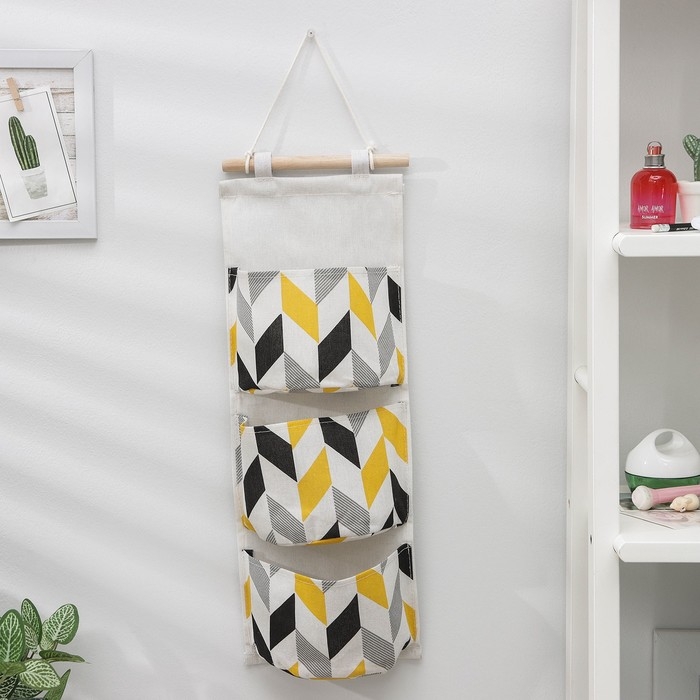 Органайзер подвесной с карманами Доляна «Зиг-заг», 3 отделения, 58×20 см, цвет серо-жёлтый Органайзер подвесной с карманами Доляна «Зиг-заг», 3 отделения, 58×20 см, цвет серо-жёлтый