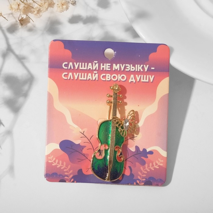Брошь «Скрипка» с бабочкой, цвет сине-зелёный в золоте Брошь «Скрипка» с бабочкой, цвет сине-зелёный в золоте