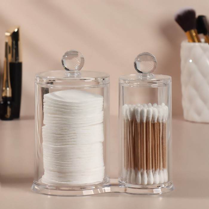 Органайзер для хранения ватных палочек и дисков, с крышкой, 2 секции, 12,5 × 7,3 × 13,5 см, в картонной коробке, цвет прозрачный