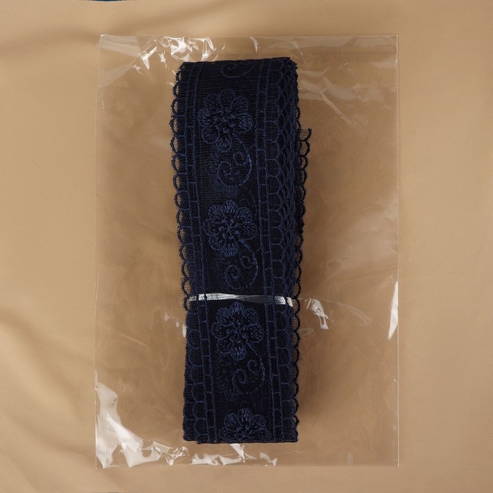Кружево на сетке, 50 мм × 11 ± 1 м, цвет тёмно-синий Кружево на сетке, 50 мм × 11 ± 1 м, цвет тёмно-синий