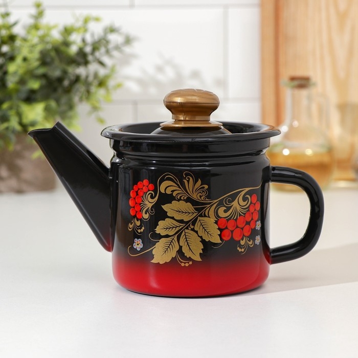 Чайник эмалированный заварочный, 1 л, фиксированная ручка, цвет красно-чёрный, рисунок МИКС Чайник эмалированный заварочный, 1 л, фиксированная ручка, цвет красно-чёрный, рисунок МИКС