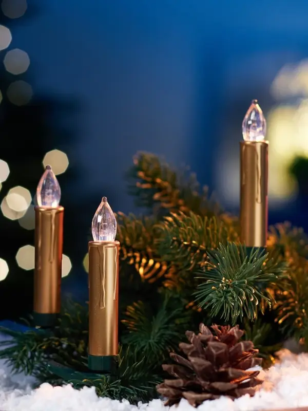 Светодиодные «Свечи на прищепках золотистые» 9 см, набор 10 шт, 10 LED, от батареек АААх6, пульт, свечение тёплое белое