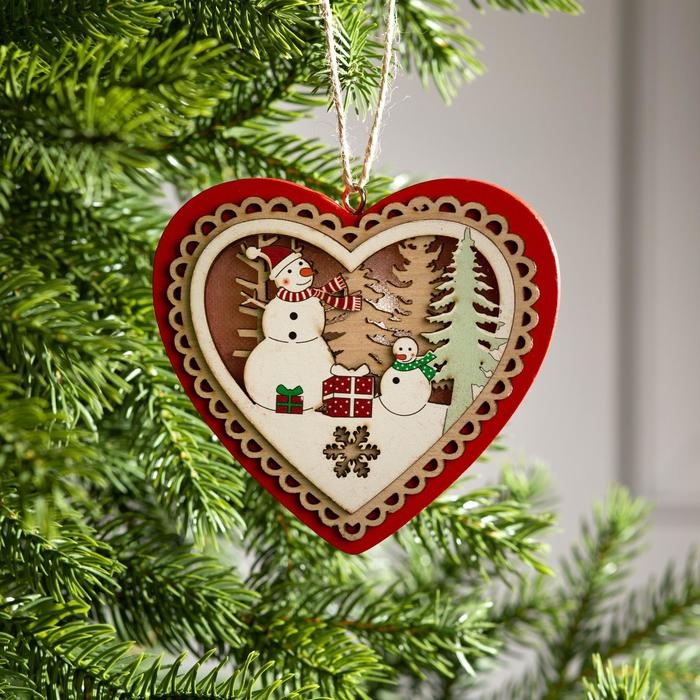Ёлочная игрушка «Красное сердце со снеговиком», от батареек, свечение тёплое белое Ёлочная игрушка «Красное сердце со снеговиком», от батареек, свечение тёплое белое