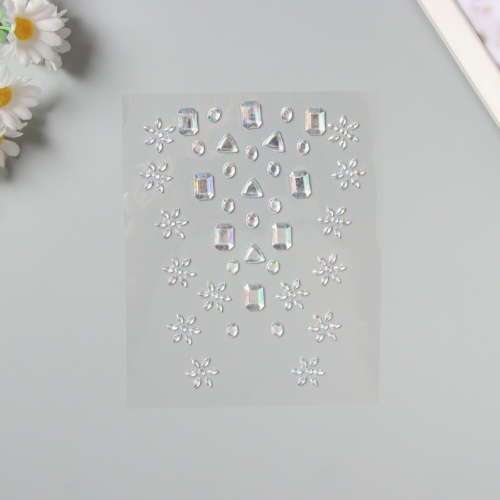 Наклейка пластик стразы на волосы "Геометрия, цветы" серебро 21х15,5 см