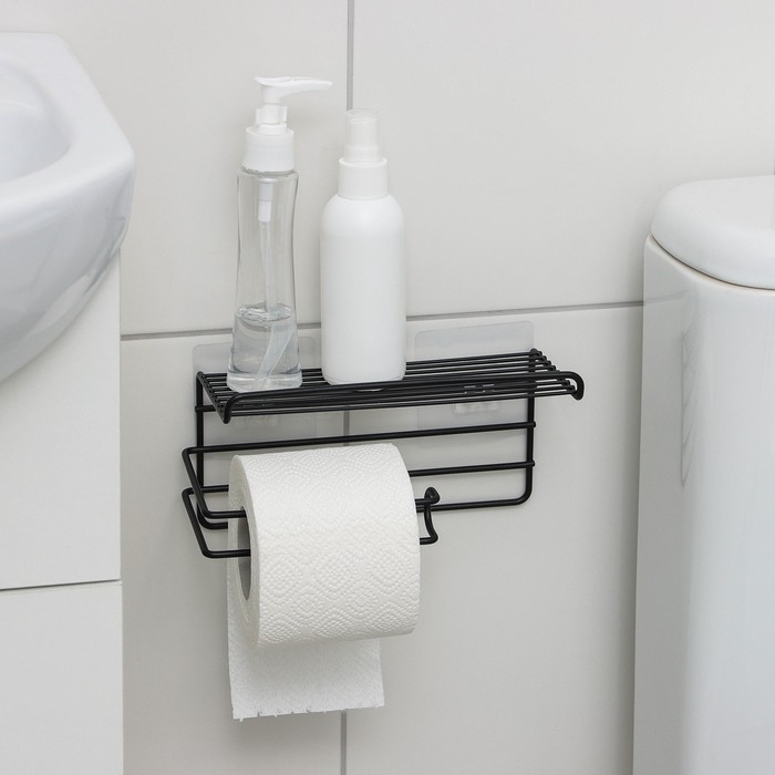 Полка на липучке Доляна, с держателем для полотенец, 19,5×9,5×8 см, цвет черный Полка на липучке Доляна, с держателем для полотенец, 19,5×9,5×8 см, цвет черный