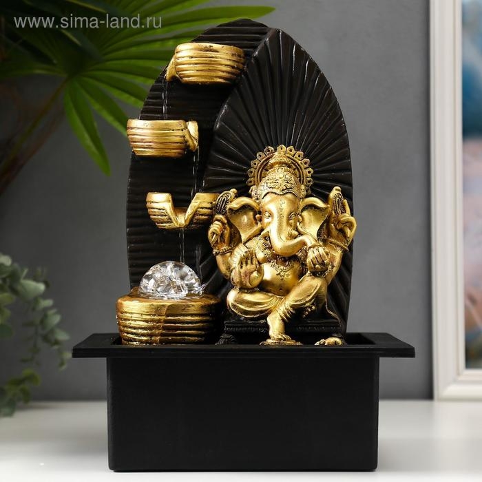 Фонтан настольный от сети, подсветка Фонтан настольный от сети, подсветка "Золотой Ганеша у водопада с чашами" 35х25х20 см