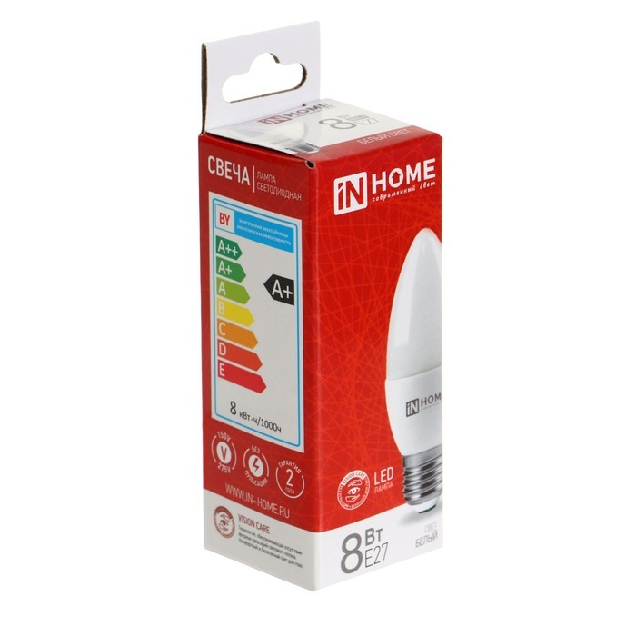 Лампа светодиодная IN HOME LED-СВЕЧА-VC, Е27, 8 Вт, 230 В, 4000 К, 720 Лм Лампа светодиодная IN HOME LED-СВЕЧА-VC, Е27, 8 Вт, 230 В, 4000 К, 720 Лм