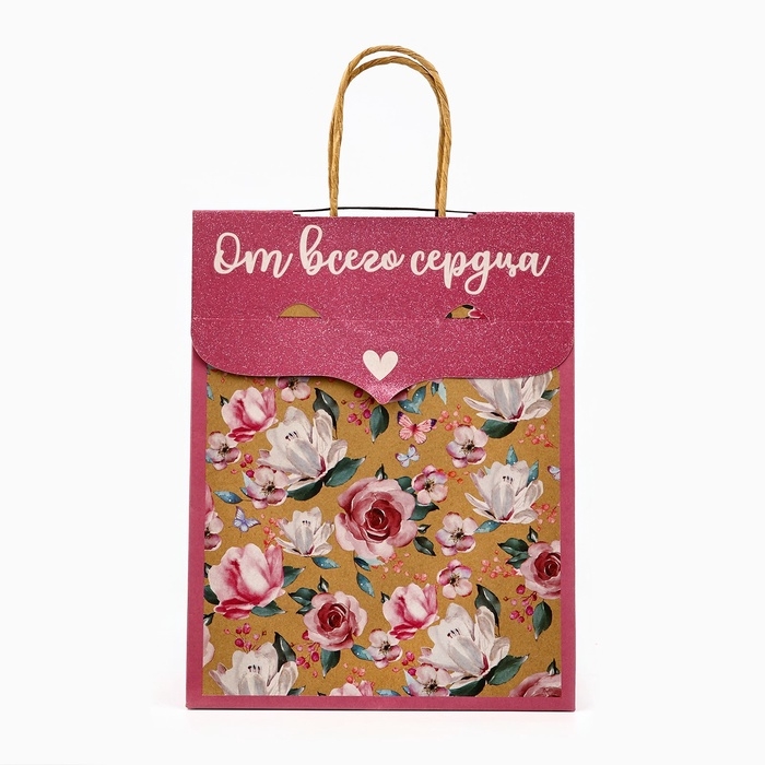 Пакет с клапаном «Цветы», крафт, глиттер, 19,5 × 10 × 25.2 см Пакет с клапаном «Цветы», крафт, глиттер, 19,5 × 10 × 25.2 см