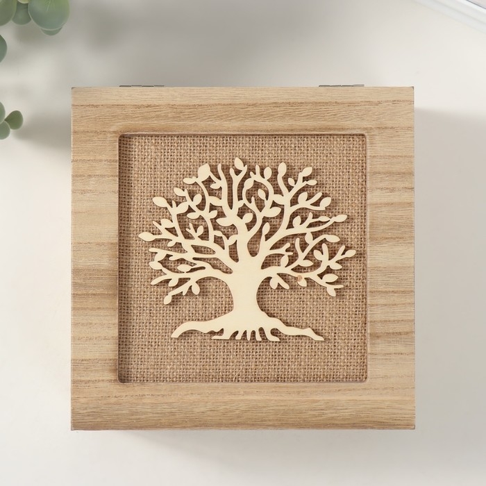 Шкатулка дерево с делениями  Шкатулка дерево с делениями "Древо жизни" мешковина 18х18х7 см