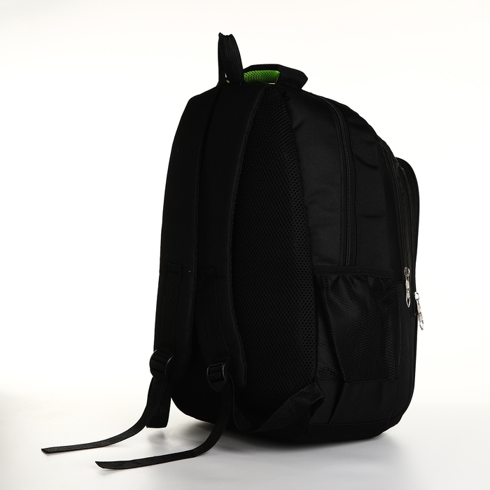 Рюкзак школьный на молнии, 4 кармана, цвет чёрный/зелёный
