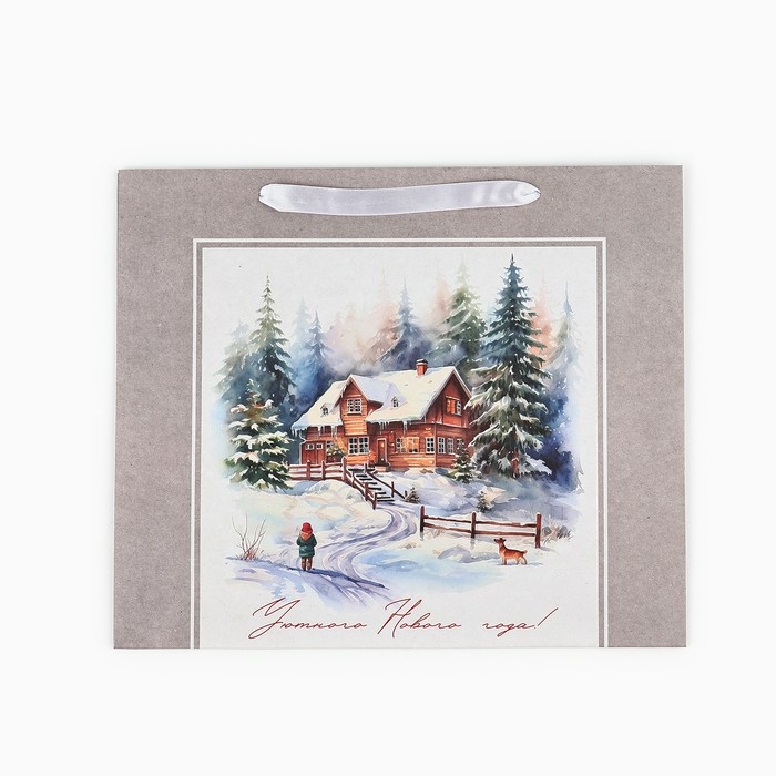 Пакет подарочный новогодний крафтовый вертикальный «Зимний лес», M 26 х 30 х 9 см 9564906 , Новый год