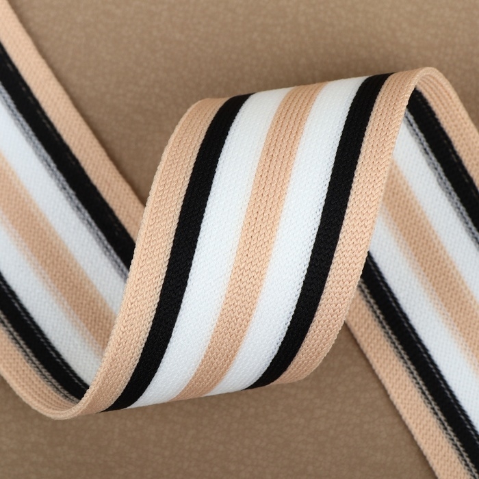 Тесьма трикотажная лампас 40 мм, 9,1 ± 0,5 м, цвет бежевый/чёрный/белый