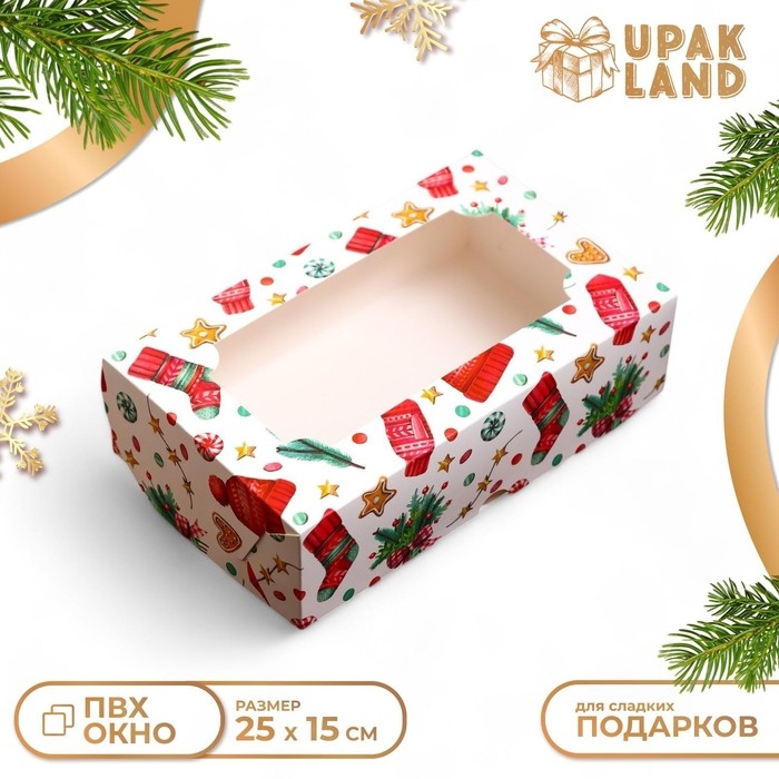 Новый год. Коробка складная, кондитерская упаковка с окном  Новый год. Коробка складная, кондитерская упаковка с окном "Новогодний паттерн", 25 х 15 х 7 см