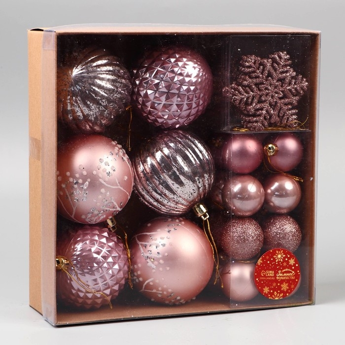 Набор украшений пластик 30 шт Набор украшений пластик 30 шт "Торжество" d- 7 и 3,5 см, снежинка-6,5 см, бежевый розовый