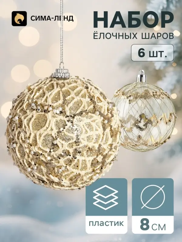 Ёлочные шары набор 6 шт. &laquo;Комета элит&raquo;, d=8 см, кружево