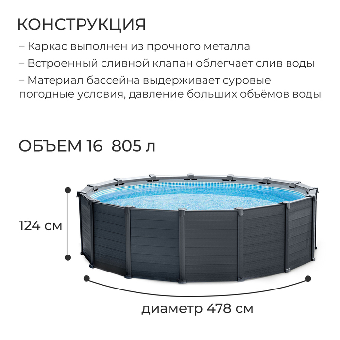 Бассейн каркасный Graphite Gray, 478 х 124 см, песчаный фильтр-насос, лестница, тент, подстилка, 26384NP INTEX