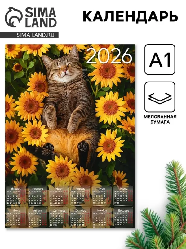 Календарь настенный 2026 «Кот с подсолнухами», А1 Календарь настенный 2026 «Кот с подсолнухами», А1